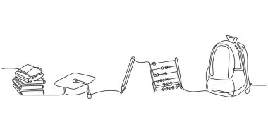 Eğitim sürekli bir çizgi çiziyor. Bir takım kitaplar, akademik kapak, kalem, abaküs ve çalışma çantası. Vektör illüstrasyon minimalisti okul konseptine geri döndü.