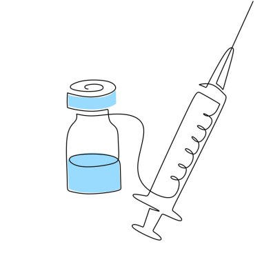 Tıbbi şırınga ve aşı şişesi. Sürekli bir çizgi çiziyor. Vektör illüstrasyon sağlık aracı kavramı.