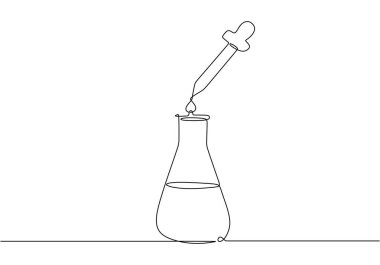 Erlenmeyer matarası, sürekli tek bir çizim halinde damlayan pipetle. Bilim laboratuarı tıbbi konsepti. Kimyasal reaksiyon el çizimi.