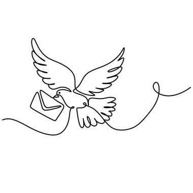Devamlı çizgi çizimi. Mektup zarfıyla güvercin kuşu. Mesaj sembolü kartpostal konsepti. Vektör illüstrasyonu izole edildi. Minimalist tasarım elle çizilmiş.
