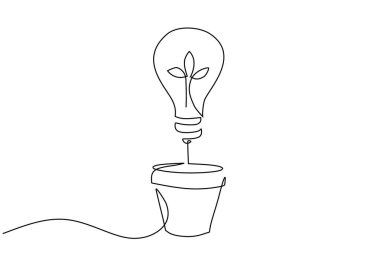 Yapraklı ampul. Devamlı çizim çizimleri. Çevre enerjisi kavramı. Vektör illüstrasyonu izole edildi. Minimalist tasarım elle çizilmiş.