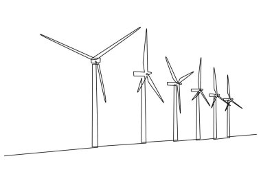 Türbin rüzgar enerjisi yeşil enerji elektrik kavramı. Rüzgar santralinin sürekli çizgisi yenilenebilir yel değirmeni ekolojisini çekiyor. Bir çizgi çizimi vektör illüstrasyonu.