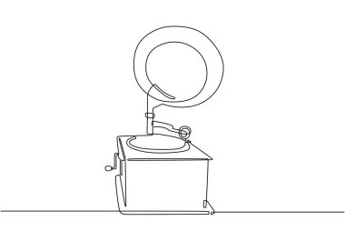 Bir tane sürekli çizgi çizimi. Eski moda analog gramofon. Antika klasik müzik çalar. Vektör illüstrasyonu izole edildi. Minimalist tasarım elle çizilmiş.