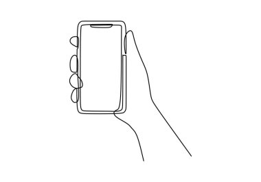Sürekli bir çizgi çiziyor. El ele tutuşan telefon ya da akıllı telefon. Boş ekran ile vektör illüstrasyonu.