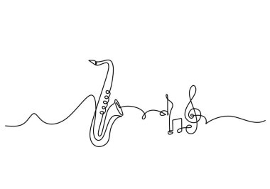 Saksafon bir çizgi çiziyor. Sürekli el çizimi caz klasik müzik enstrümanı. Oyuncu için üfleme araçları.