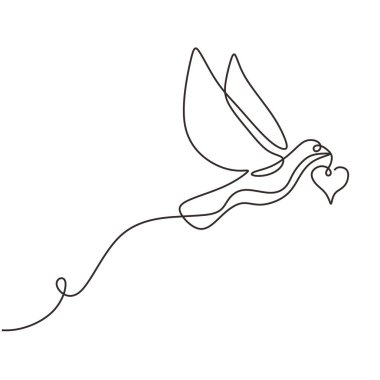 Yüreği ağzında uçan güvercin. Devamlı bir çizim çizimi. Vektör illüstrasyonu izole edildi. Minimalist tasarım elle çizilmiş.