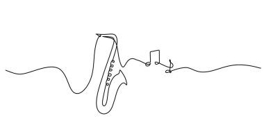 Müzik notaları ve ses tasarımı olan bir trompet çizimi. Klasik caz müzik enstrümanı. Vektör illüstrasyonu basit sürekli özet biçimi.