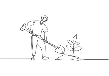 Çiftçiler tek sıra halinde ağaç dikerler. Çiftlik ekolojisi konsepti. Düzenlenebilir felçli minimalist vektör çizimi.