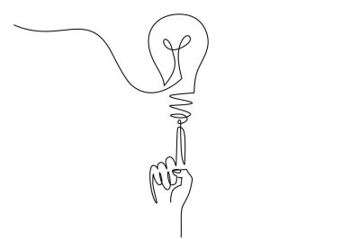 Ampullü el aralıksız bir çizgi çiziyor. Yaratıcı fikrin sembolü. Vektör illüstrasyonu izole edildi. Minimalist tasarım elle çizilmiş.