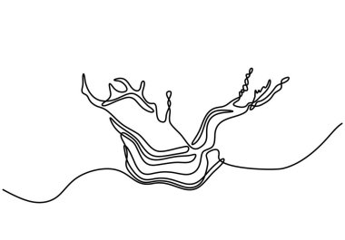 Su sürekli tek bir çizgi çizerek sıçrıyor. Bir taslak sıvı akıyor. Dalgalı dalga çizgili el çizimi. Vektör illüstrasyonu beyaz arkaplanda izole edildi.