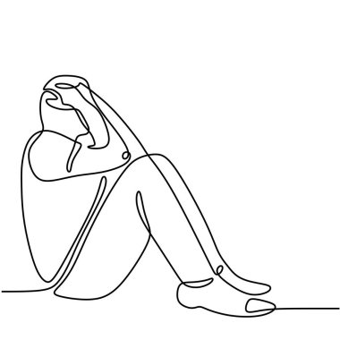 Hüzünlü ve stresli adam bir çizgi üzerinde oturuyor. Sandalyeye oturan depresif adamın durmaksızın çizdiği çizgi..