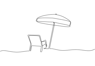 Tatil ve seyahat tek çizgi çizimi. Plaj şemsiyesi ve plaj sandalyesi. Vektör illüstrasyonu düzenlenebilir el çizimi.