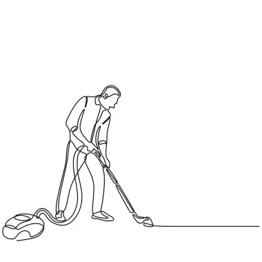 Temizlik hizmeti konseptinin sürekli çizimi. Yerde elektrikli süpürgesi olan bir adam. Vektör illüstrasyonu izole edildi. Minimalist tasarım elle çizilmiş.