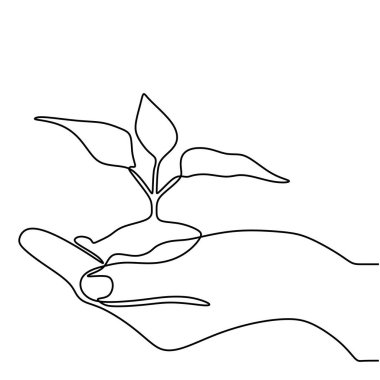 Bitkiyi tutan bir el çizimi. Dünya 'yı sürekli tek bir hatla büyütme ve sevme kavramı.