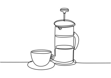 Fransız matbaası ve kahve bir çizgi çiziyor. Devamlı tek bir özet. Vektör illüstrasyonu izole edildi. Minimalist tasarım elle çizilmiş.