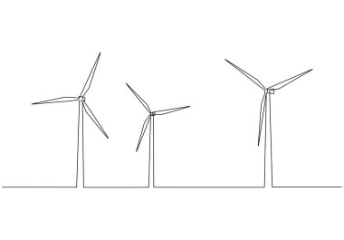 Türbin rüzgar enerjisi yeşil enerji elektrik kavramı. Rüzgar santralinin sürekli çizgisi yenilenebilir yel değirmeni ekolojisini çekiyor. Bir çizgi çizimi vektör illüstrasyonu.