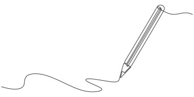 Aralıksız tek satırlık çizimlerle kalem yazmak. Vektör illüstrasyonu minimalist öğrenci okur yazarlık sembolü.