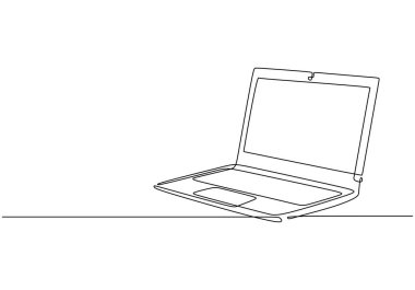 Dizüstü bilgisayar sürekli bir çizgi çiziyor. Vektör illüstrasyonu izole edildi. Minimalist tasarım elle çizilmiş.