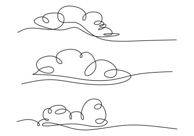 Bulutlar aralıksız tek bir çizgi çiziyor. Vektör illüstrasyonu izole edildi. Minimalist tasarım elle çizilmiş.