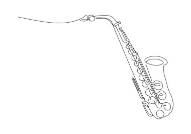 Saksafon bir çizgi çiziyor. Sürekli el çizimi caz klasik müzik enstrümanı. Oyuncu için üfleme araçları.