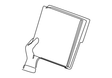 El ele tutuşan kağıt belgeler. Bir çizgi çizimi.