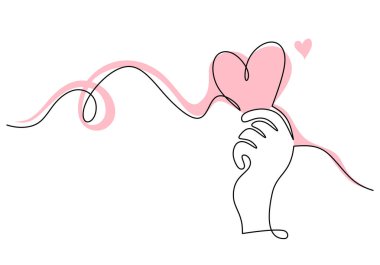 Kalbi sürekli tek bir çizgi halinde tutan sanat çizimi. Minimalist romantik hediye teması. Vektör illüstrasyonu Sevgililer Günü konsepti.