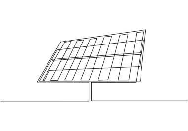Bir sıra güneş paneli çizimi. Elektrik santrali için güneş ışığı jeneratörü. Tek çizgi düzenlenebilir vuruş vektörü çizimi.