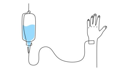 İnfüzyon bir çizgi çiziyor. Tıbbi tuz damlası vektör çizimi