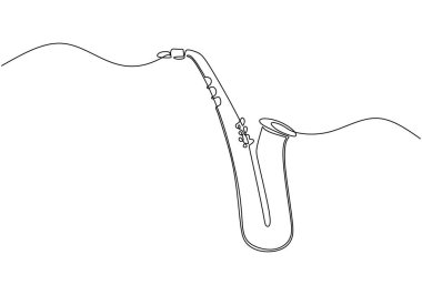 Saksafon bir çizgi çiziyor. Sürekli el çizimi caz klasik müzik enstrümanı. Oyuncu için üfleme araçları.