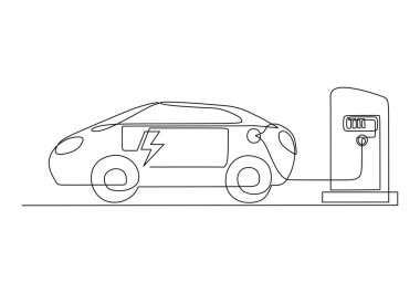 Elektrikli araba bir çizgi çekiyor. Sürekli bataryalı tek hatlı bir araç. Enerji konsepti yükleniyor.