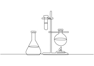 Laboratuvarda kimyasal reaksiyon. Tüplü bir matara çizimi..