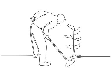 Çiftçiler tek sıra halinde ağaç dikerler. Çiftlik ekolojisi konsepti. Düzenlenebilir felçli minimalist vektör çizimi.