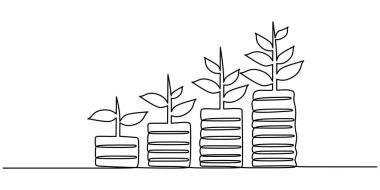 Para finans yatırım konsepti. Bitki yetiştiren bir yığın bozuk para. Sürekli tek bir çizgi çiziyor..