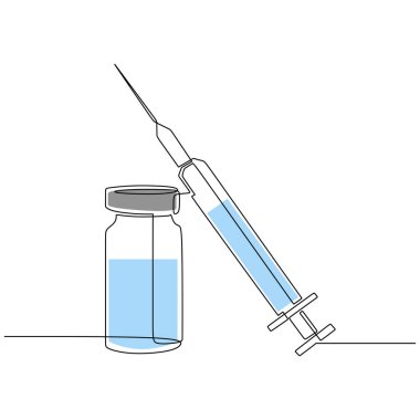 Şırınga ve ilaç şişesi. Devamlı çizim çizimleri. Tek elle çizilmiş vektör çizimi.