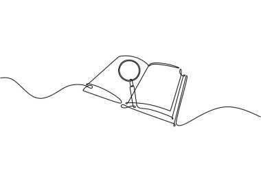 Büyüteçli kitap. Devamlı çizgi çizimi. Bir satır sanat eseri. Vektör illüstrasyonu izole edildi. Minimalist tasarım elle çizilmiş.