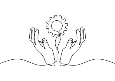 Eller teçhizatlı. Sürekli bir çizgi çiziyor. Vektör illüstrasyonu izole edildi. Minimalist tasarım elle çizilmiş.