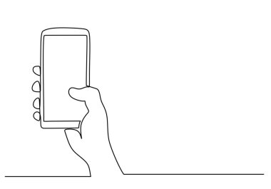Sürekli bir çizgi çiziyor. El ele tutuşan telefon ya da akıllı telefon. Boş ekran ile vektör illüstrasyonu.