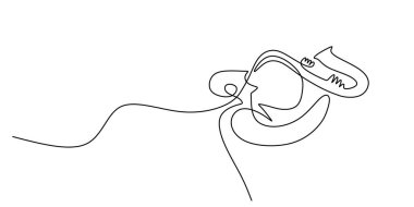 Saksafon bir çizgi çiziyor. Sürekli el çizimi caz klasik müzik enstrümanı. Oyuncu için üfleme araçları.