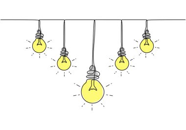 Beş tane soyu tükenmiş sarı ampul, birbirine dolanmış kabloyla ve bir tane de düz kabloyla parlayan. Fikir kavramı ve pek çok başarısız fikir arasından başarılı fikir seçimi.