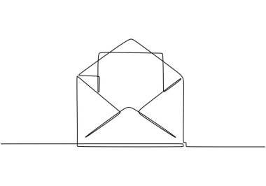 Devamlı bir satır, mektupla zarf çiziyor. Vektör illüstrasyonu izole edildi. Minimalist tasarım elle çizilmiş.
