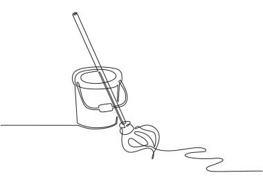 Paspas ve kova aralıksız çizimler. Temizlik hizmeti konsepti vektör illüstrasyonu izole edildi. Minimalist tasarım elle çizilmiş.