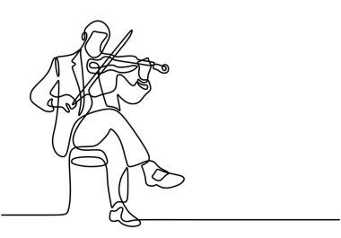 Kemancı müzik çalıyor. Bir çizim. Aralıksız tek elle çizilmiş vektör illüstrasyon kemancı.