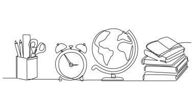 Eğitim sürekli bir çizgi çiziyor. El çizimi kalem, cetvel, çalar saat, küre ve bir yığın kitap. Okul temalı sancak vektör illüstrasyonuna geri dön.