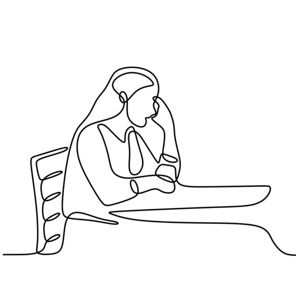 Triste Stress Donna Seduta Una Linea Illustrazione Linea Continua Disegno — Vettoriale Stock