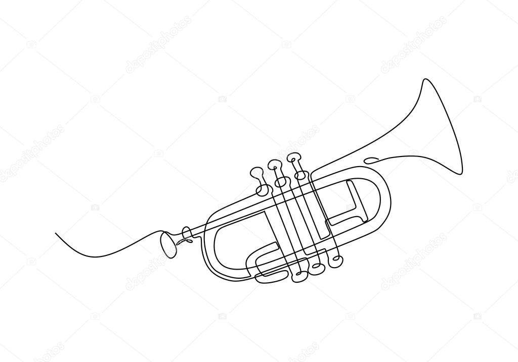 One line drawing of trumpet design. Classical jazz music instrument. Vector illustration simple continuous outline style.