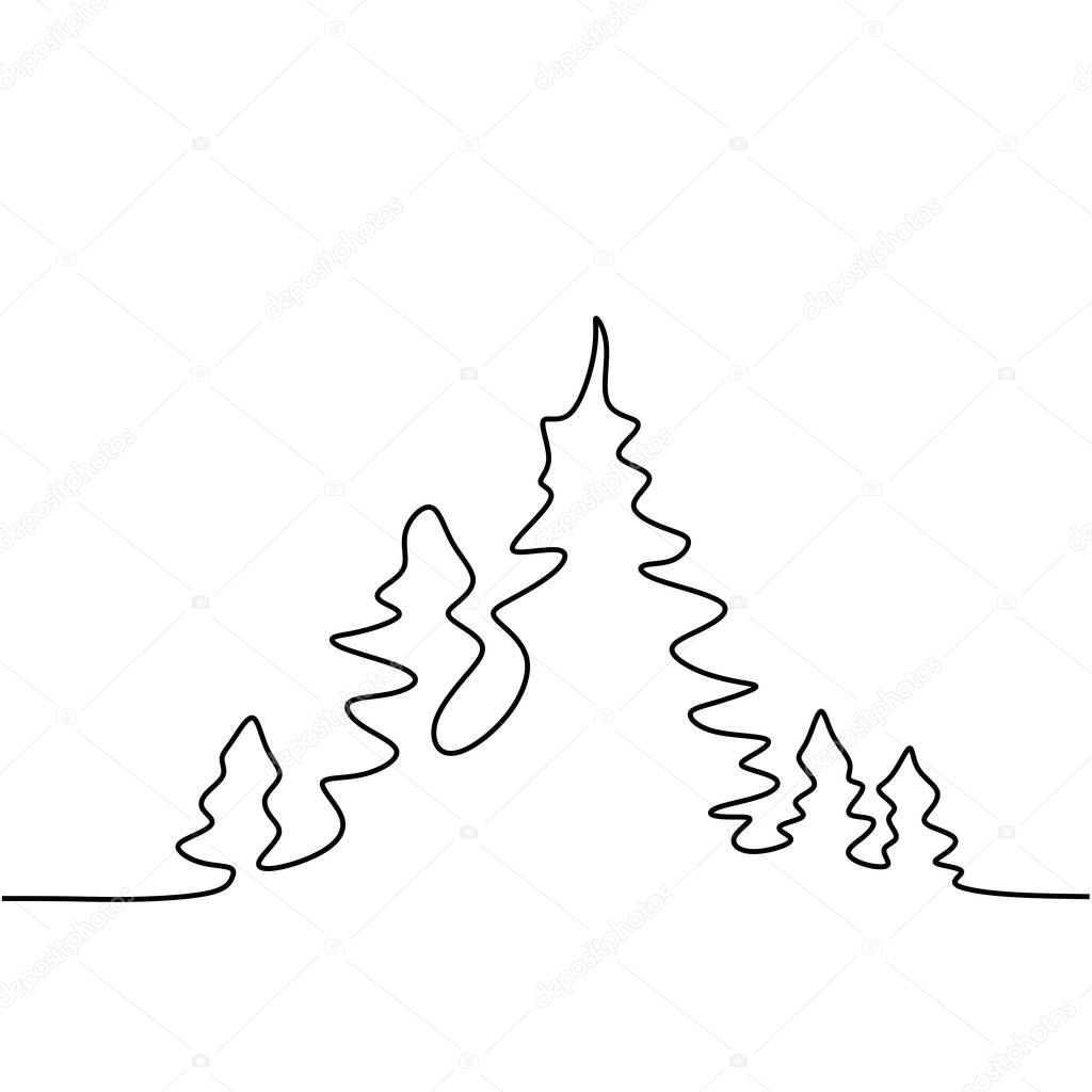 Forest trees one line art drawing. Vector illustration jungle with tree in continuous single line art hand drawn.