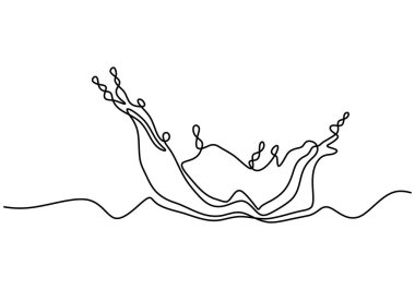 Su sürekli tek bir çizgi çizerek sıçrıyor. Bir taslak sıvı akıyor. Dalgalı dalga çizgili el çizimi. Vektör illüstrasyonu beyaz arkaplanda izole edildi.