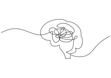 Kafası karışmış beyin sürekli bir çizgi çiziyor. Cheos düşünce ve akıl sağlığı konsepti. Vektör illüstrasyonu izole edildi. Minimalist tasarım elle çizilmiş.