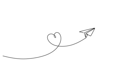 Devamlı çizim yapan kağıt uçak. Kalp sembollü bir taslak. Seyahat aşk uçağı. Vektör illüstrasyonu izole edildi. Minimalist tasarım elle çizilmiş.