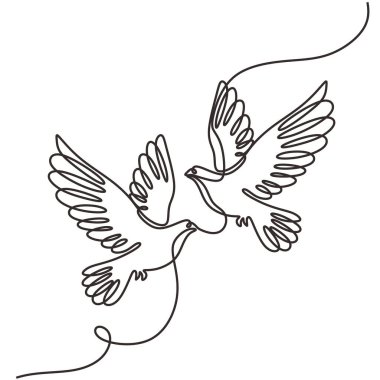 Bir çift güvercin kuşu. Devamlı bir çizim çizimi. Vektör illüstrasyonu izole edildi. Minimalist tasarım elle çizilmiş.